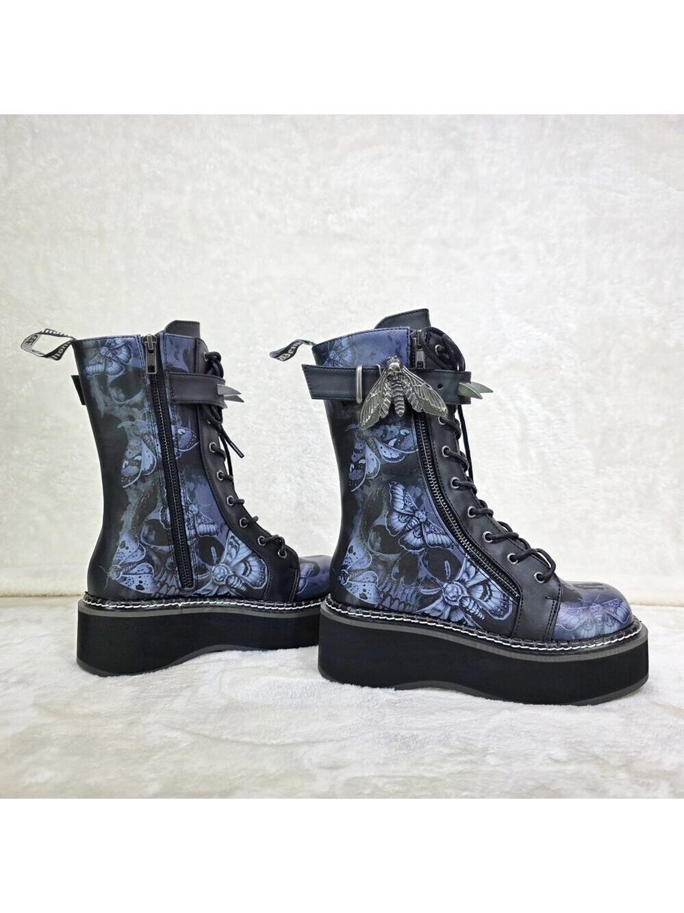 NIB NEW DEMONIA Emily Death Moth Skull Graphic Platform Goth Punk Mid Calf Boots - Picture 3 of 16